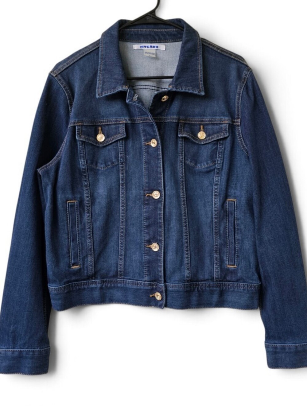 Nygard Denim Jacket Gold Button Front With Pockets Dark Blue Womens Size L